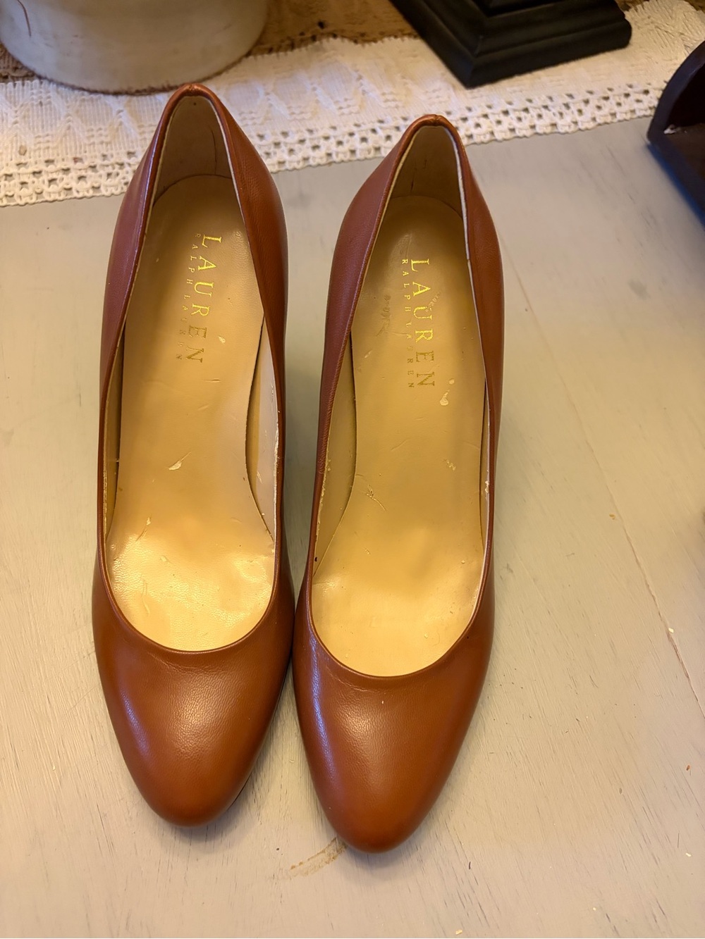 Lauren Ralph Lauren Cognac Leather Round-Toe Pumps
